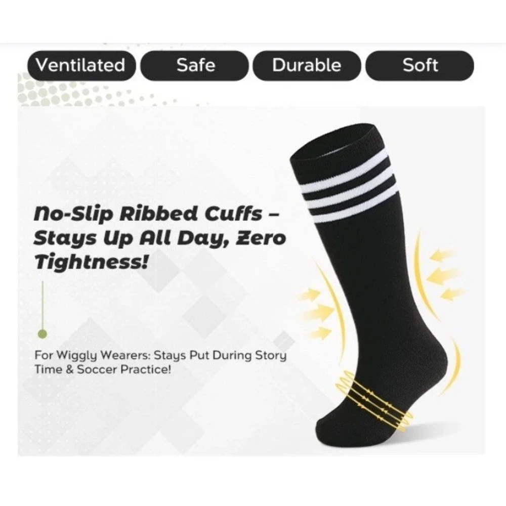 Zando Soccer Socks Kids 3-6 Yrs Black NEW 2 Pack Knee High Striped Uniform